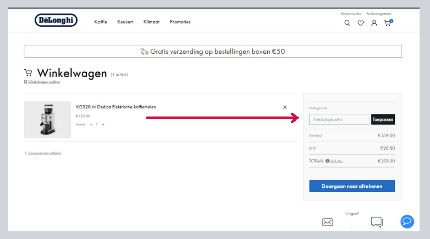 hoe gebruik ik een delonghi kortingscode