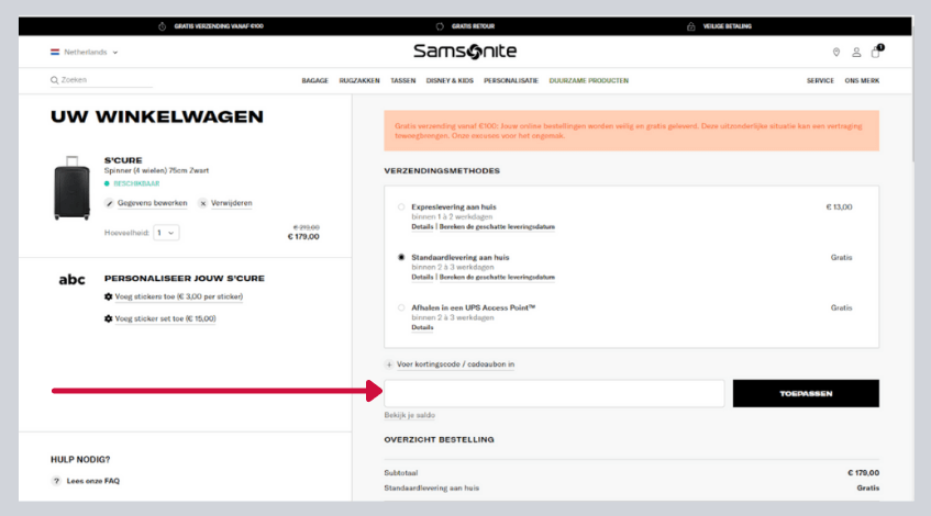 hoe gebruik ik een samsonite kortingsoce